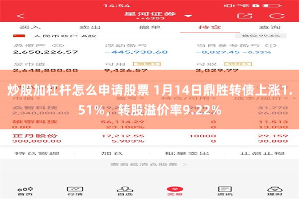 炒股加杠杆怎么申请股票 1月14日鼎胜转债上涨1.51%，转股溢价率9.22%
